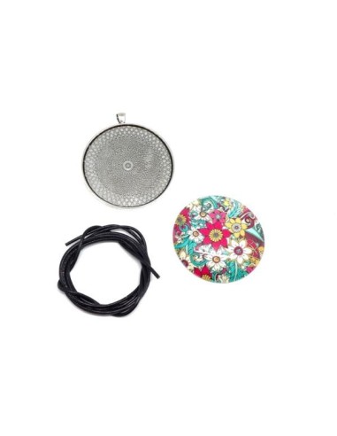 KIT collier sautoir grand cabochon rond motif fleur rose, bleu turquoise pas cher