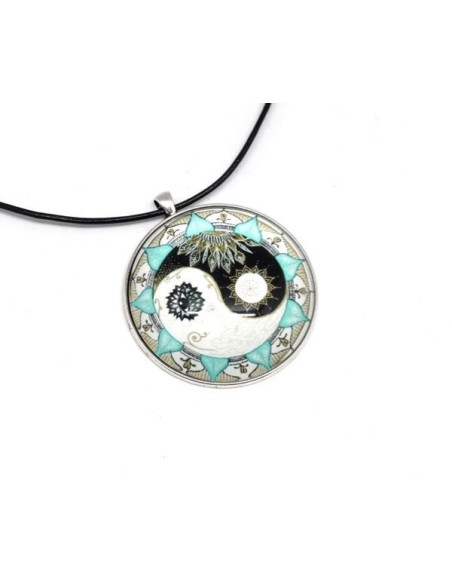 KIT collier sautoir grand cabochon rond motif peace and love 