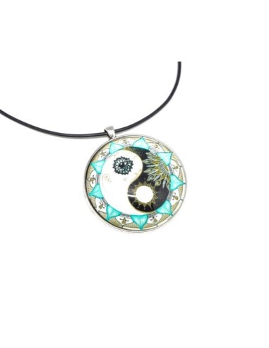 Sautoir grand cabochon rond motif peace and love et soleil