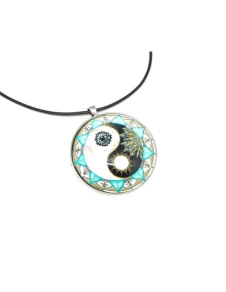 Sautoir grand cabochon rond motif peace and love et soleil
