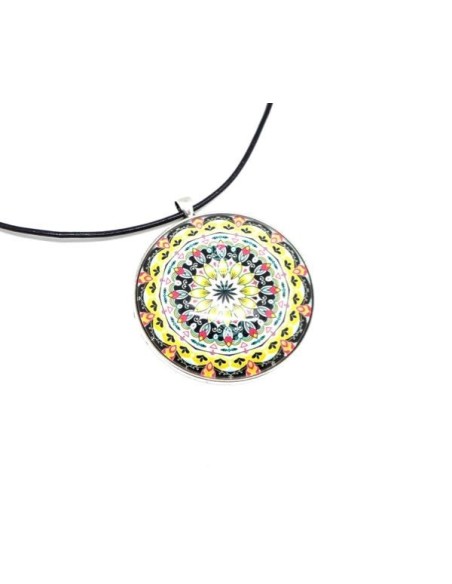 KIT collier sautoir grand cabochon rond motif mandala