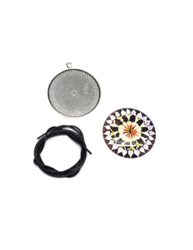 Sautoir grand cabochon rond motif fleur rose, jaune et marron