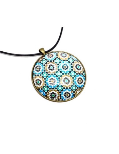 KIT collier sautoir grand cabochon rond motif fleur Azulejos