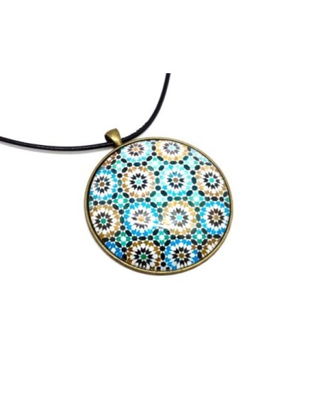 KIT collier sautoir grand cabochon rond motif fleur Azulejos