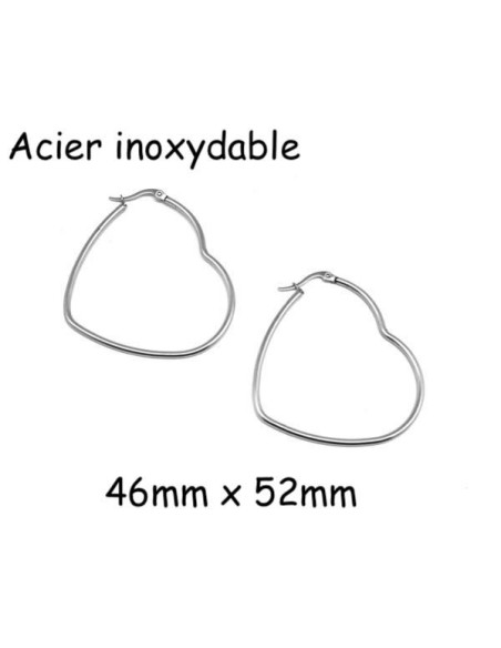 1 Paire de grande créole en forme de coeur en acier inoxydable argenté - Idéal customisation 1 Paire de grande créole en forme de coeur en acier inoxydable argenté - Idéal customisation