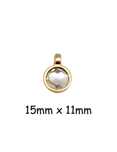 Breloque ronde doré pâle avec strass transparent facetté - Idéal création collier