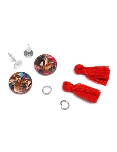 Kit boucles d'oreilles en résine acétate style écaille de tortue avec un pompon rouge