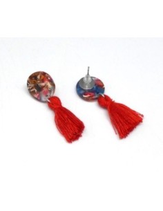 Kit boucles d'oreilles en résine acétate style écaille de tortue avec un pompon rouge 2