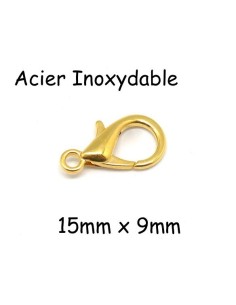 Fermoir mousqueton doré en acier inoxydable 15mm