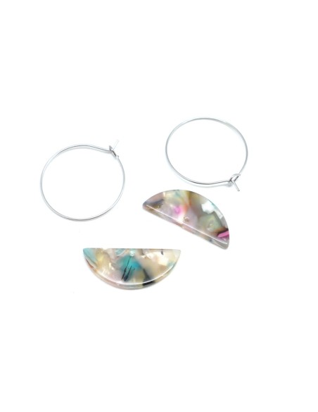 Kit Boucles d'oreilles créole pas cher en acier inox breloque géométrique éventail en résine multicolore