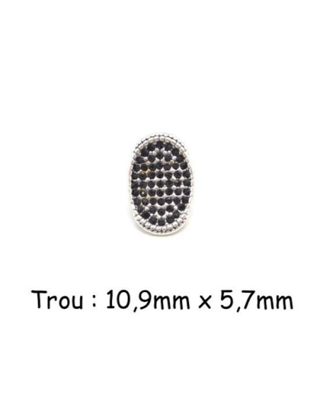 Perle passant à strass noir en métal argenté pour gros cordons