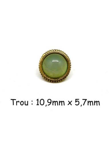 Perle passant rond avec cabochon vert opaline en métal doré pâle pour gros cordons
