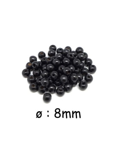 Perle en bois ronde de couleur noire 8mm