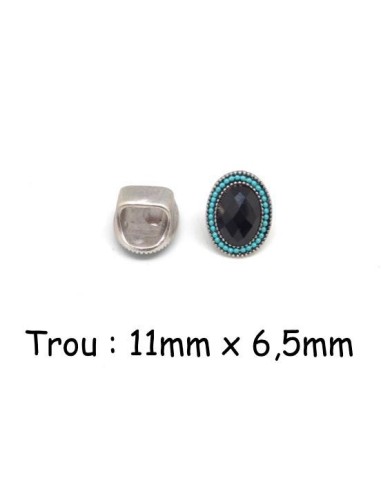 Perle passant en métal argenté à gros trou strass noir et perle turquoise
