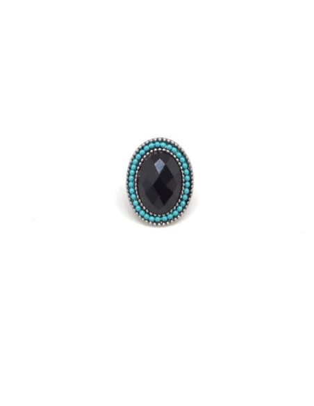 Perle slide en métal argenté à gros trou strass noir et perle turquoise