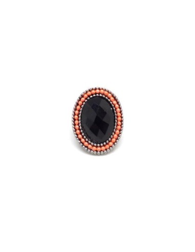 Perle slide argenté à gros trou cabochon noir et rose corail
