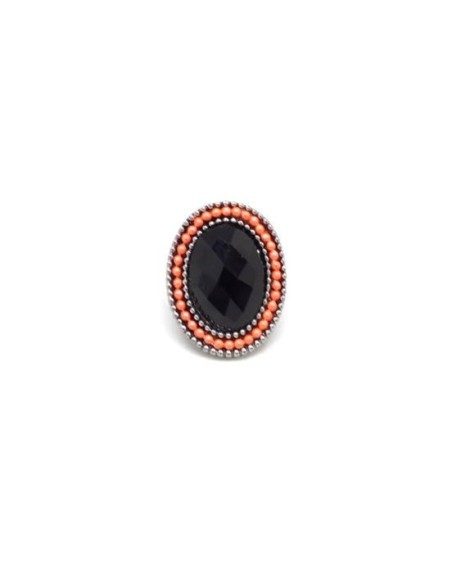 Perle slide argenté à gros trou cabochon noir et rose corail