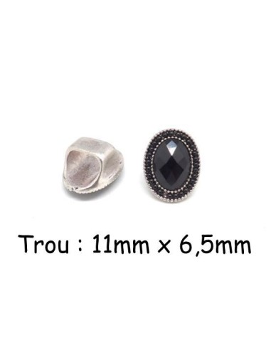 Perle passant en métal argenté à gros trou avec cabochon ovale facetté et perle noire 