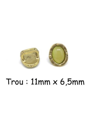 Perle passant doré pâle en métal avec cabochon ovale jaune vert opaque à gros trou