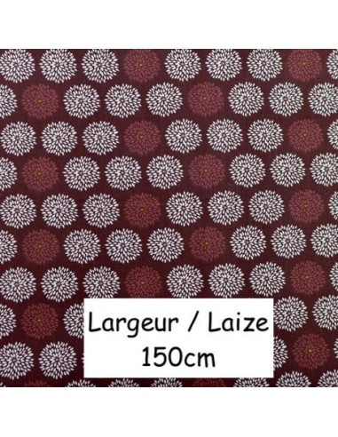 Tissu 100% coton motif fleur de pissenlit rouge grenat et blanc - vendu au mètre