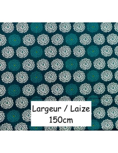 Tissu coton motif fleur de pissenlit vert, bleu canard, pétrole et blanc - vendu au mètre