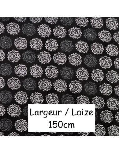 Tissu noir et blanc motif fleur pas cher en 100%% coton