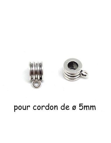 Perle support breloque pour cordon cuir 5mm en métal argenté strié