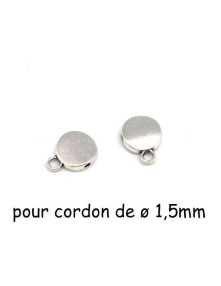 Bélière disque argenté en métal pour cordon cuir 1,5mm