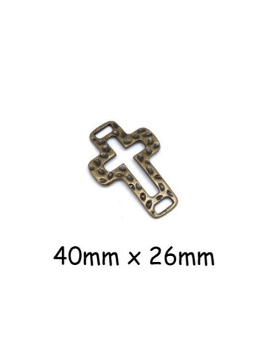 Perle de jonction croix bronze en métal martelé pour lanière 6mm