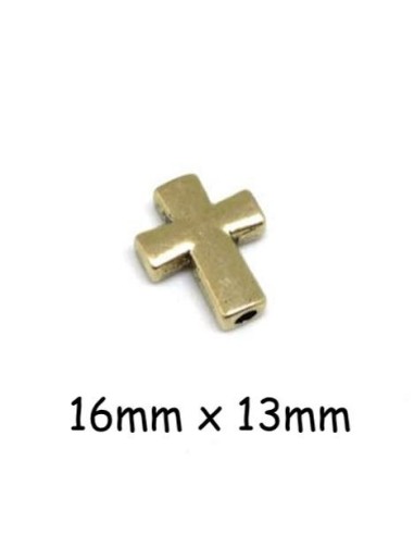 Perle croix doré pâle en métal lisse pour cordon cuir 2mm