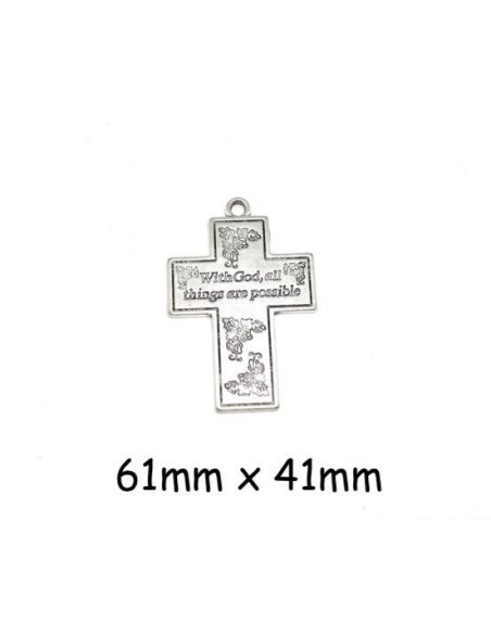 Grand pendentif croix argenté en métal motifs fleurs