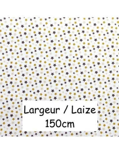 Tissu coton motif étoiles marron, jaune moutarde et beige sur fond blanc - vendu au mètre