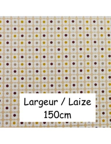 Tissu coton motif fleur marron, jaune moutarde, noir sur fond beige- vendu au mètre
