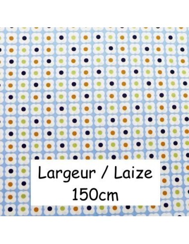 Tissu coton motif fleurs orange, vert anis, noir sur fond bleu - vendu au mètre
