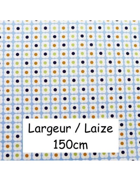 Tissu coton motif fleurs orange, vert anis, noir sur fond bleu - vendu au mètre Tissu coton motif fleurs orange, vert anis, noir sur fond bleu - vendu au mètre