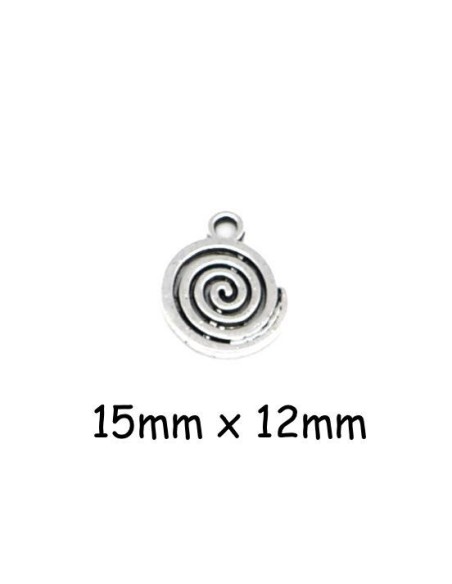Breloque ronde motif spirale en métal argenté ajouré