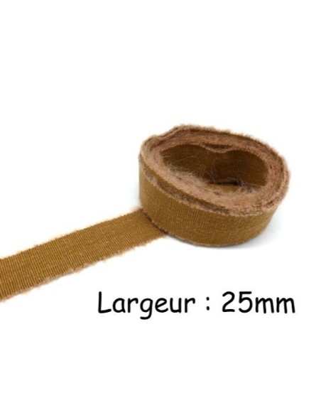 Ruban gros grain uni marron camel finition rustique 25mm en viscose et lin