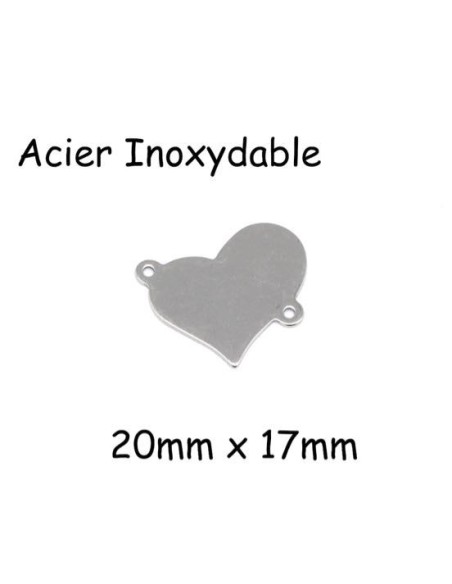 Perle connecteur coeur argenté lisse en acier inoxydable