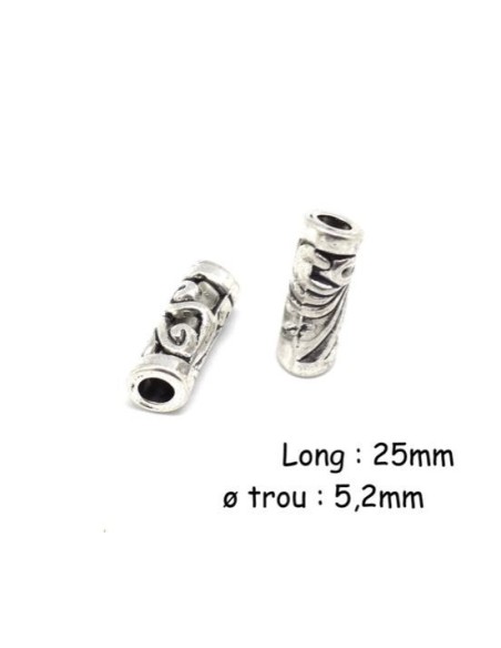 Perle tube ajouré à gros trou argenté en métal pour cordon cuir 5mm