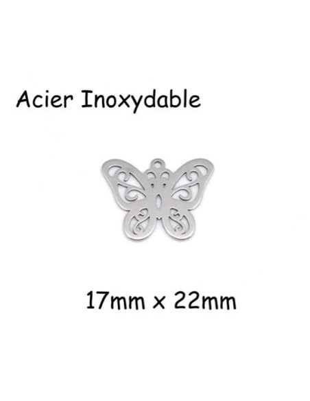 Breloque papillon argenté ajouré en acier inoxydable