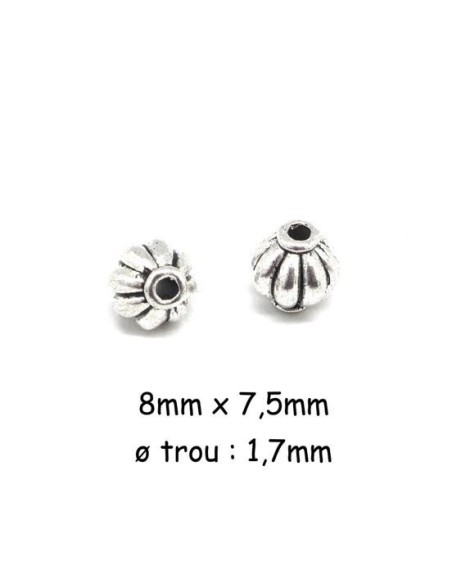 Perle toupie argenté en métal strié