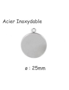Pendentif argenté rond pour cabochon de 25mm en acier inoxydable