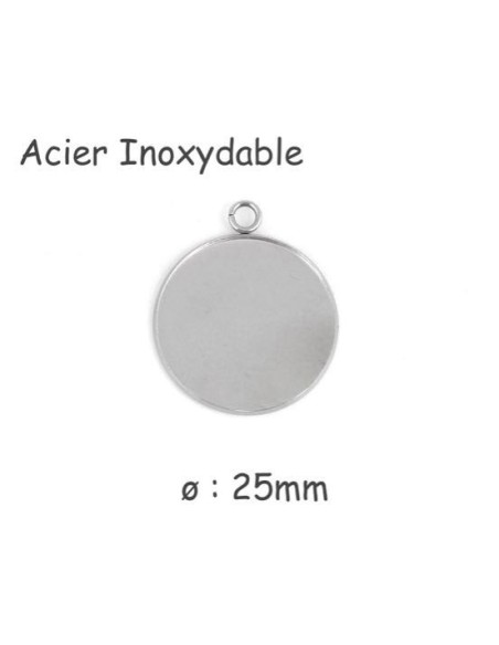Pendentif argenté rond pour cabochon de 25mm en acier inoxydable
