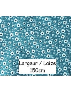 Tissu coton motif fleur blanche sur fond vert, bleu canard - vendu au mètre