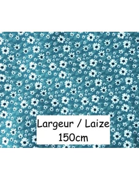 Tissu coton motif fleur blanche sur fond vert, bleu canard - vendu au mètre