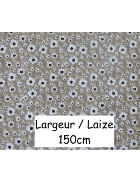 Tissu coton motif fleur blanche sur fond beige marron clair - vendu au mètre