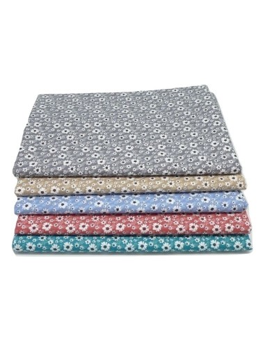 Tissu coton motif fleur blanche sur fond bleu ciel, bleu marine- vendu au mètre