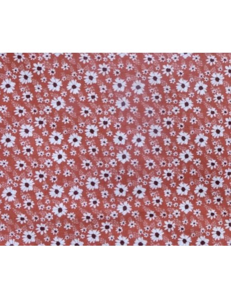 Tissu coton motif fleur blanche sur fond rouge rosé mat - vendu au mètre