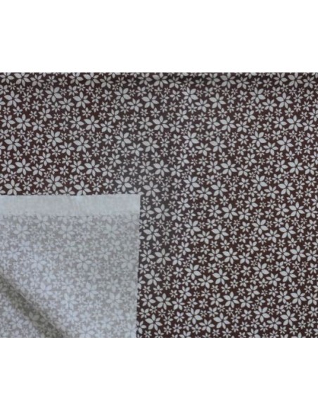 Tissu coton à petite fleur blanche sur fond marron - vendu au mètre
