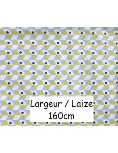 Tissu coton motif géométrique, triangle vert anis, blanc et bleu en 160cm de laize